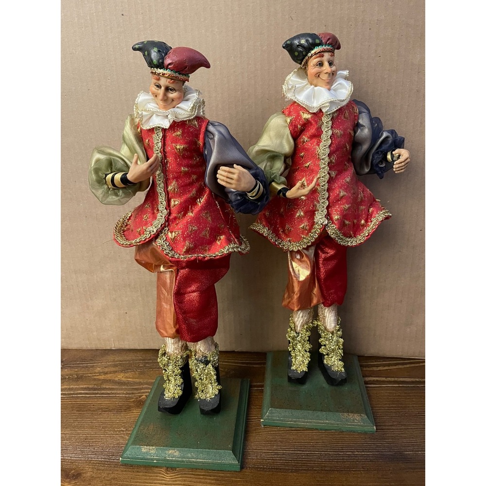 Vintage Royal Holiday Court Jester Standing Dolls Red Gold Velvet Set of 2
